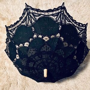 1920s-Style Black Battenberg Lace Parasol with Wood/ Metal Hardware